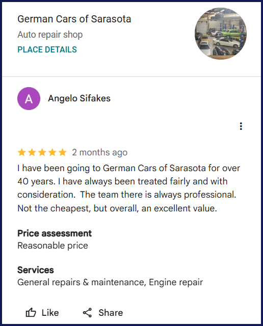 Review of German Cars of Sarasota By Angelo Sifakes